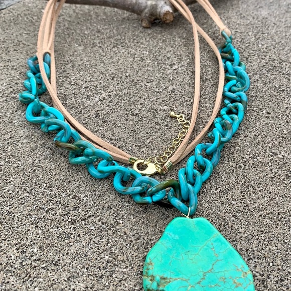 Barse Double Leather Strand Turquoise Resin Link Turquoise Magnesite Necklace - Picture 5 of 5